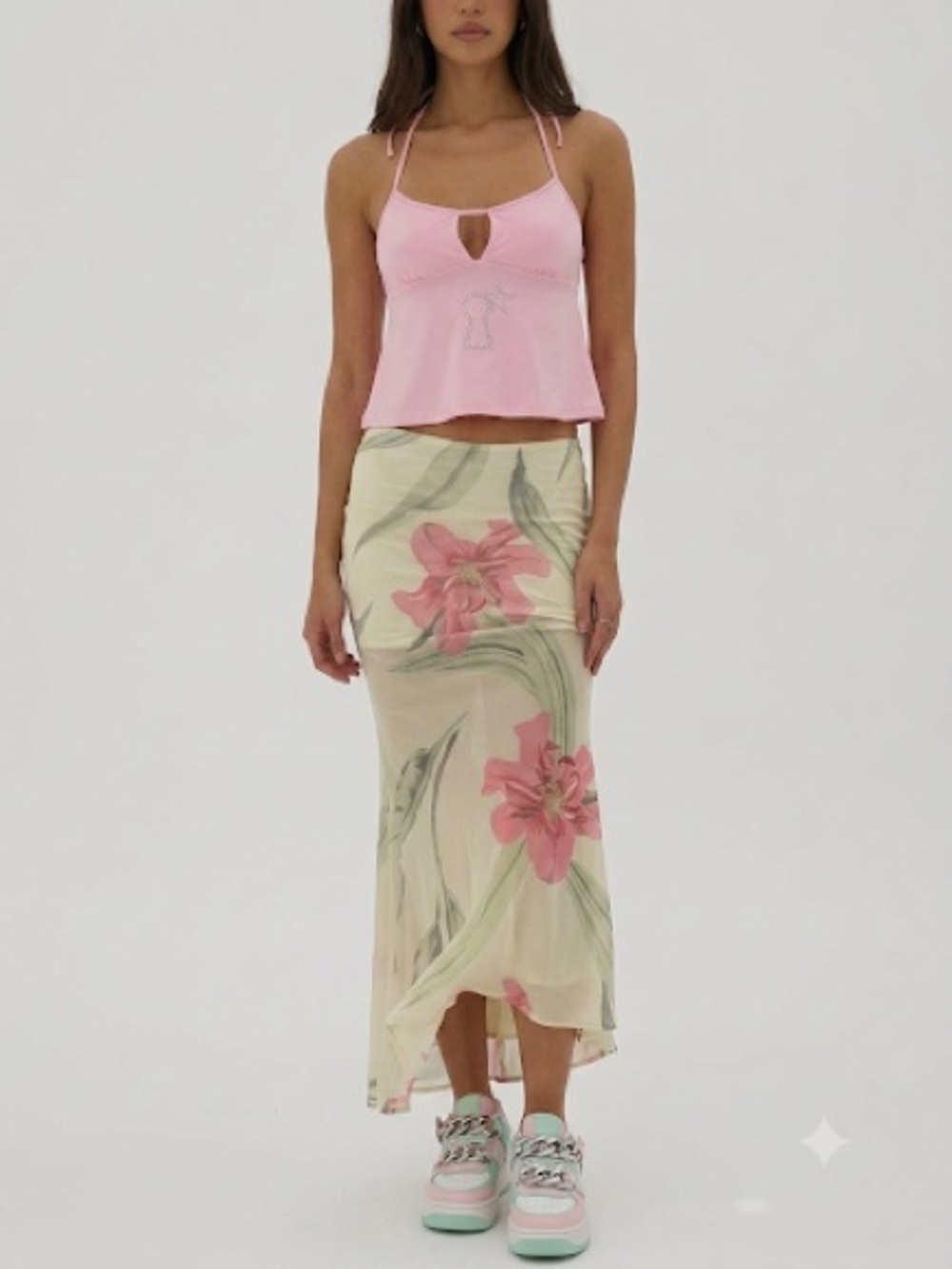 Women Floral Mesh Maxi Skirt Sheer Overlay Cream Pink Green Size S